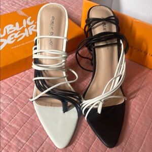 Public Desire Black and White Heeled Mules with Straps